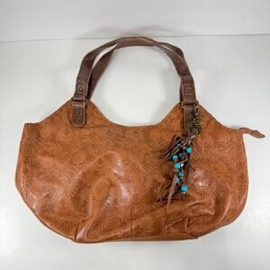 The Sak Indio Leather Satchel Purse Tobacco Floral Tan Brown Embossed Bead Charm